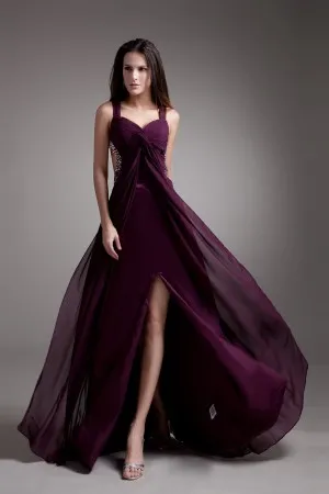 plum chiffon high split beaded cut out prom dress