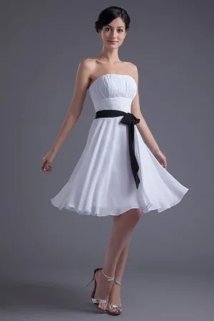 short strapless ruched white chiffon cocktail gown
