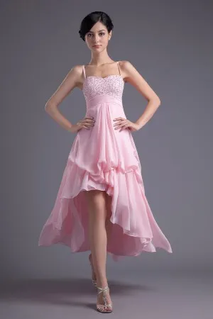beaded bodice high low chiffon skirt prom dress