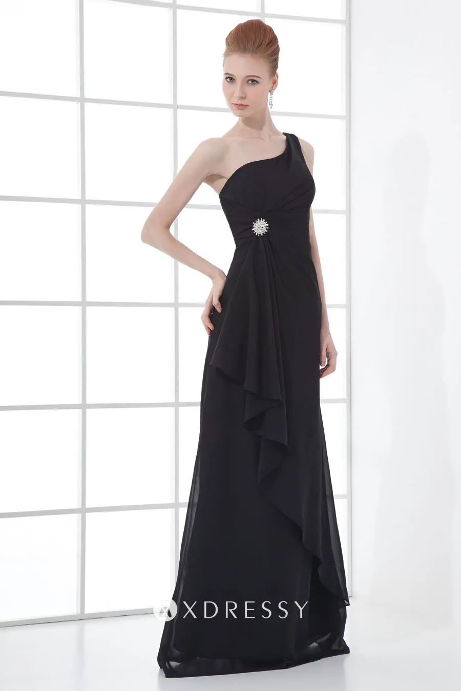 black chiffon column one shoulder strap evening dress
