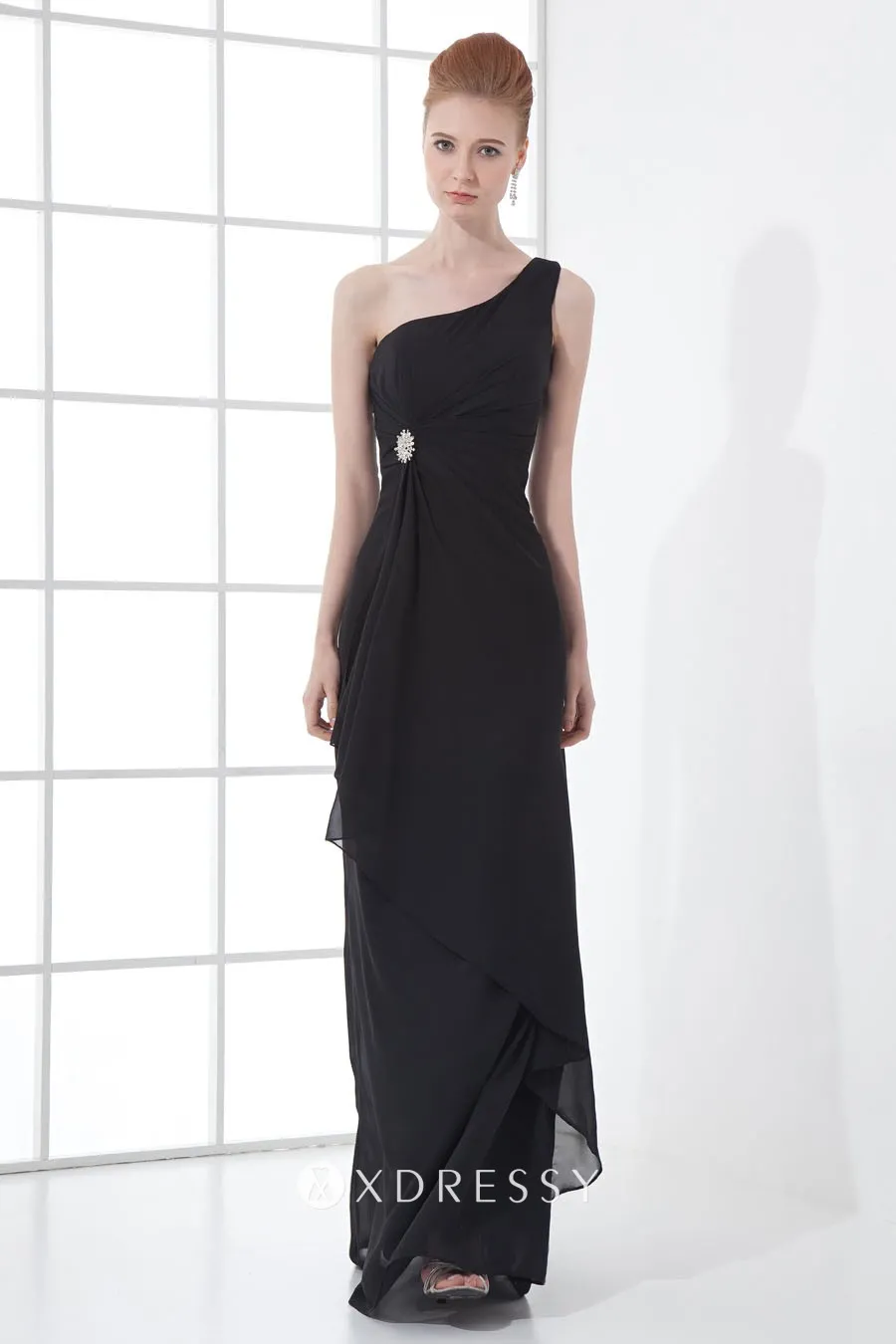 black chiffon column single shoulder evening dress