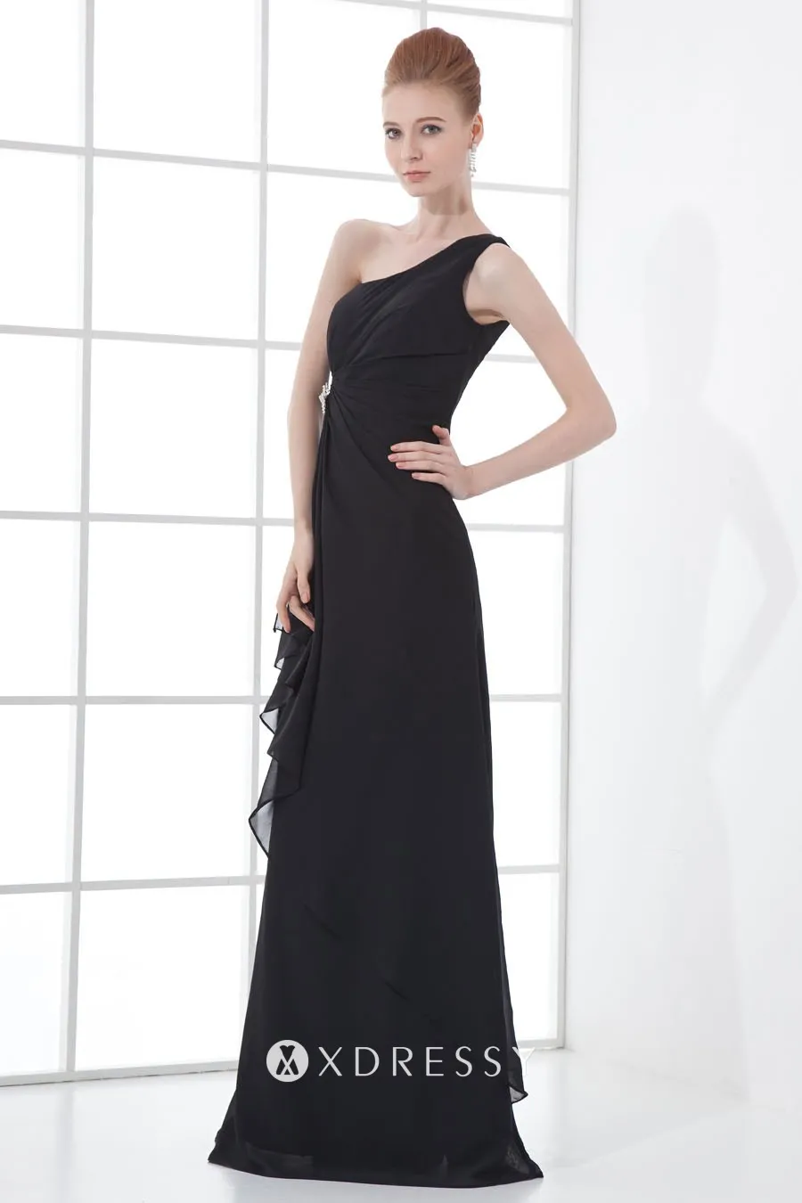 single shoulder black chiffon column evening dress