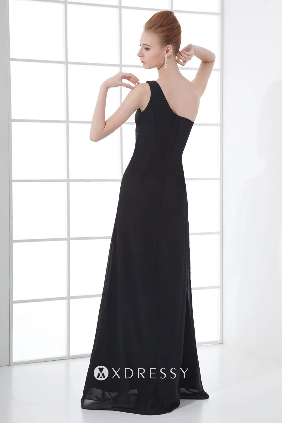 zipper up back black chiffon column single shoulder evening dress
