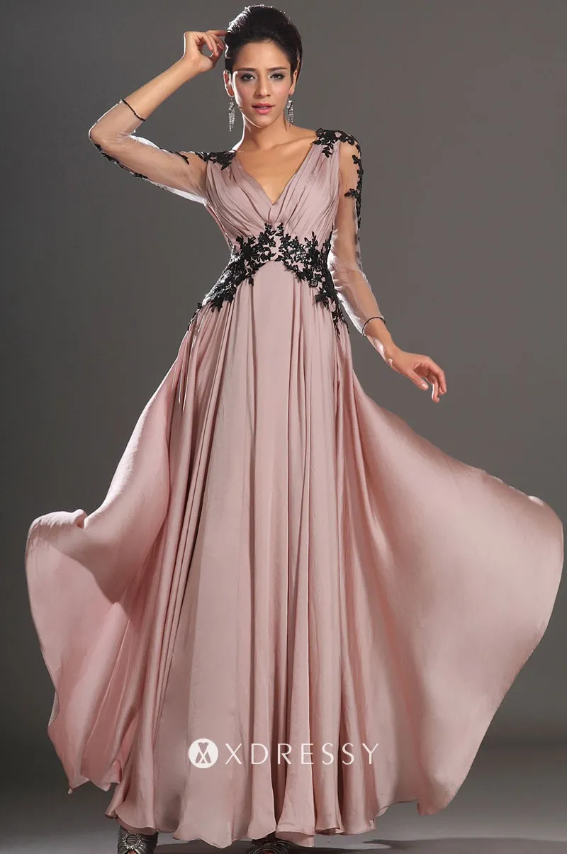 V neck champagne chiffon black lace long sleeve prom gown