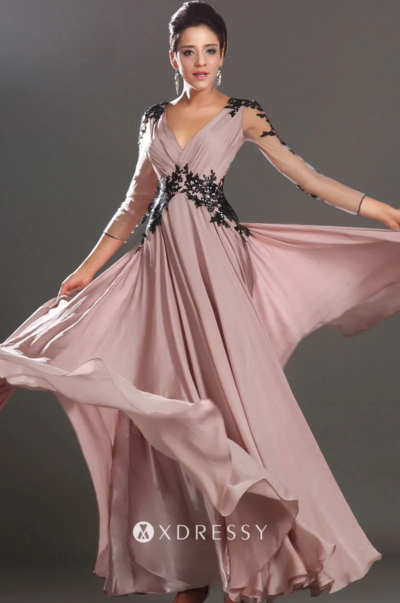 black lace champagne chiffon long sleeve prom gown