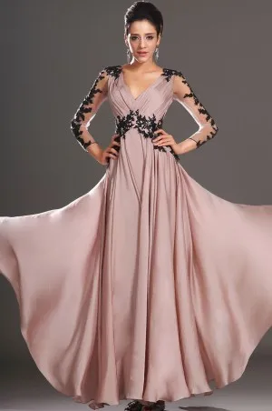champagne chiffon black lace long sleeve prom gown