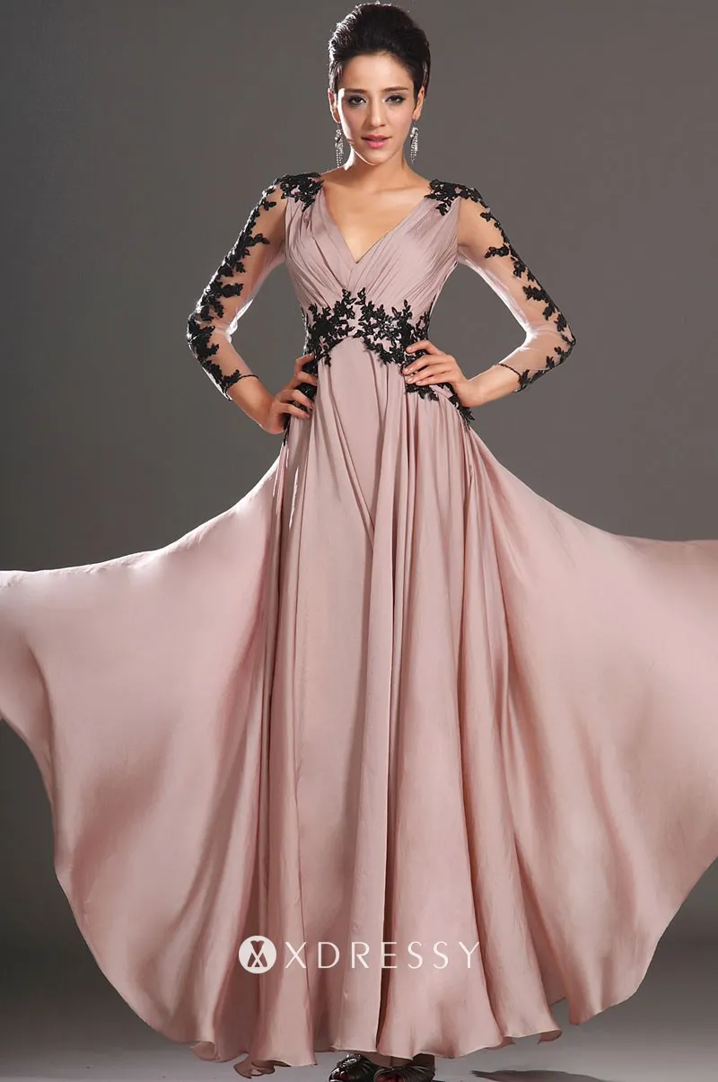 Champagne Chiffon Black Lace Long 