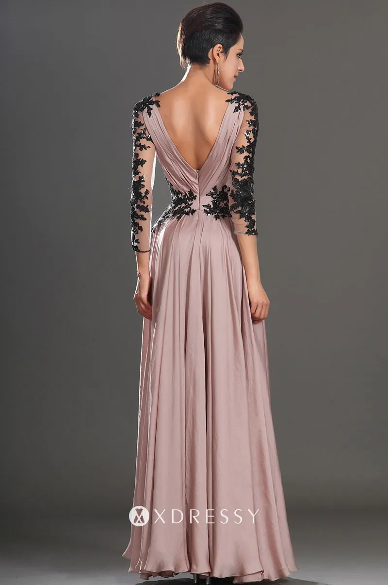 low V back champagne chiffon black lace long sleeve prom gown