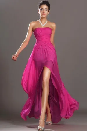 empire waist strapless high slit fuchsia chiffon prom gown