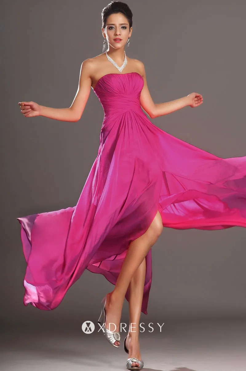 flowy empire waist strapless high slit fuchsia chiffon prom gown flowy empire waist strapless high slit fuchsia chiffon prom gown