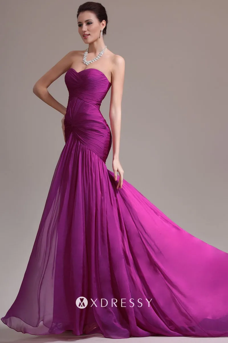 long train twisted pleated magenta chiffon prom dress