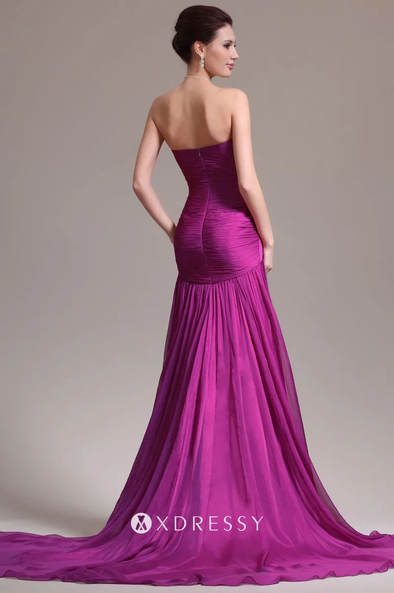 low back strapless twisted pleated magenta long prom dress