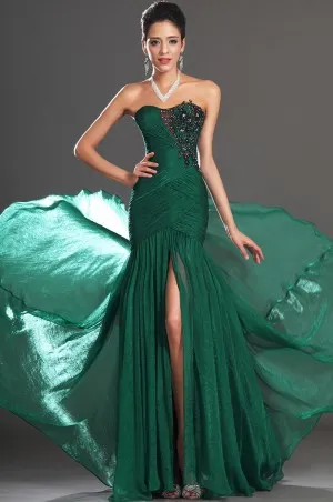 drop waist slit strapless pleated green prom dress