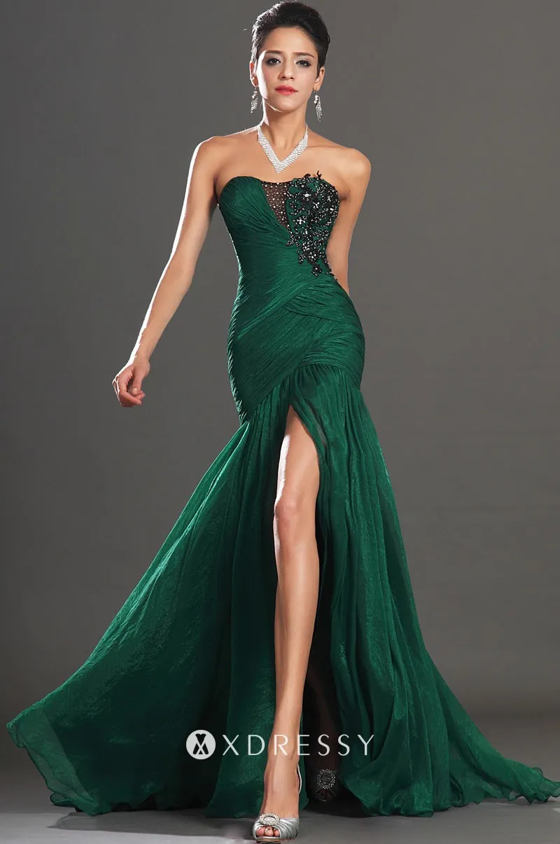 High Slit Strapless Sequins Top Figure Flattering Prom Dress Dark Green