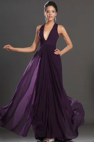 plunging V neck empire waist eggplant prom dress