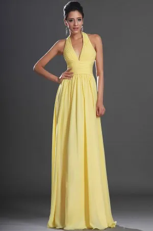halter V neck pleated yellow chiffon prom dress