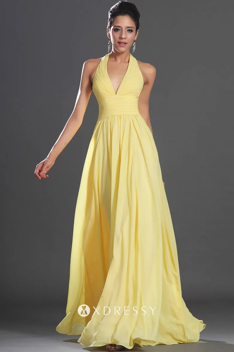 Yellow Halter Keyhole Fit Flare Floor Length Prom Dress