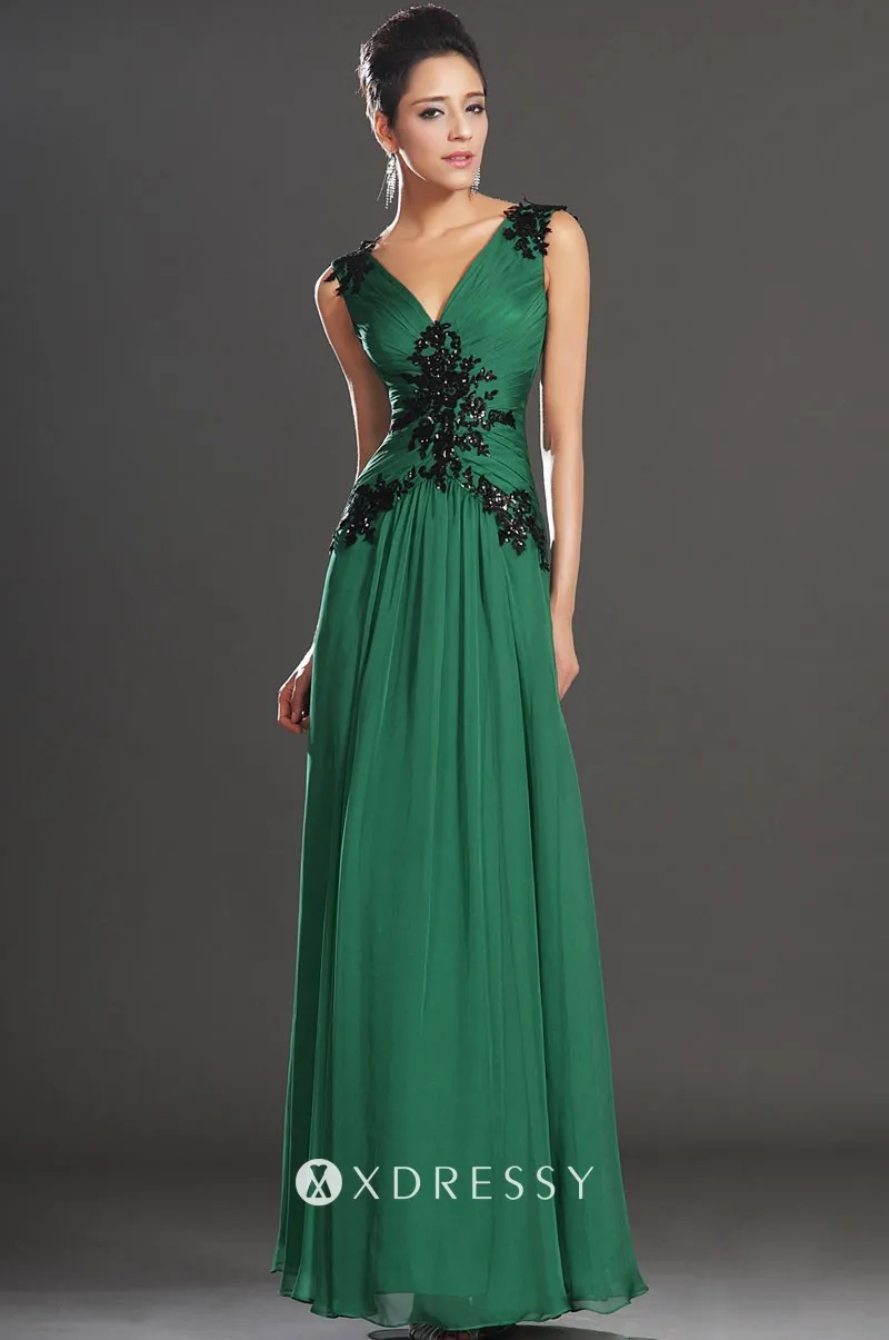 beaded black lace appliqued emerald chiffon prom gown