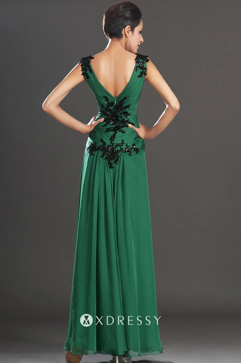 low V back beaded black lace emerald chiffon prom gown