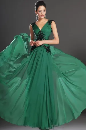 pretty beaded black lace emerald chiffon prom gown