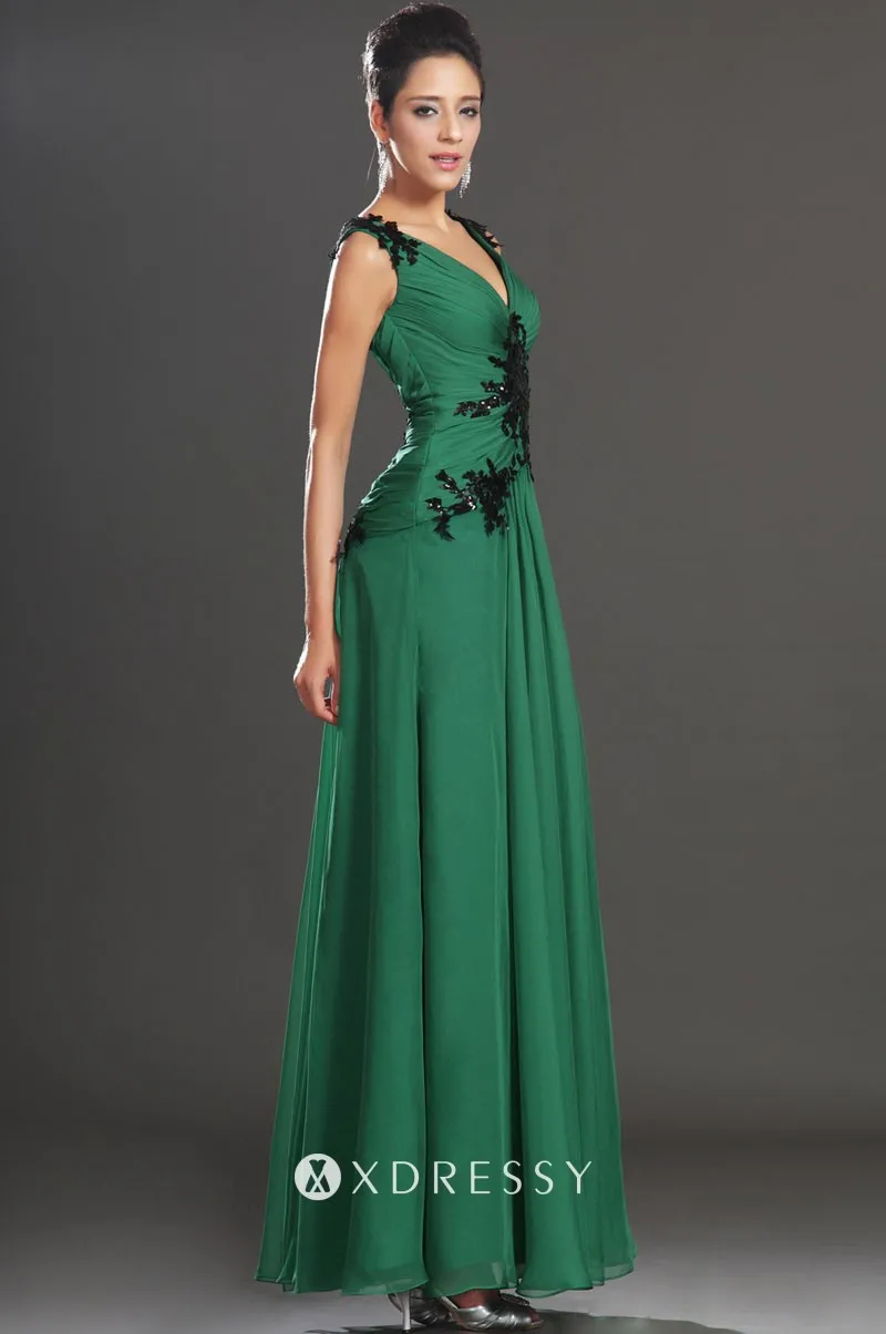 sleeveless beaded black lace emerald chiffon prom gown
