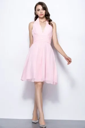 knee length halter V neck pink bridesmaid dress
