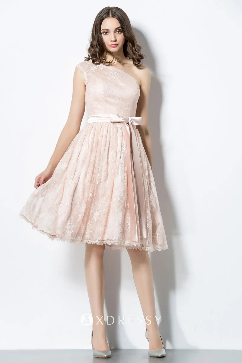 one shoulder floral blush lace short A line bridesmaid dress