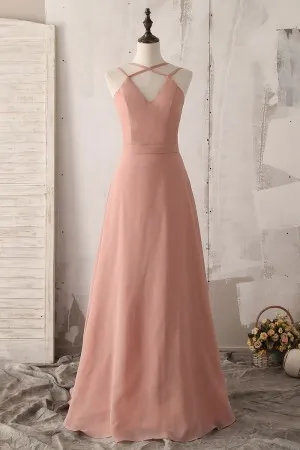 sleeveless criss cross straps pink bridesmaid gown