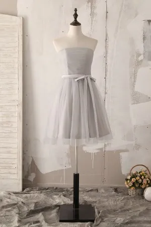 light grey tulle overlay strapless short bridesmaid gown
