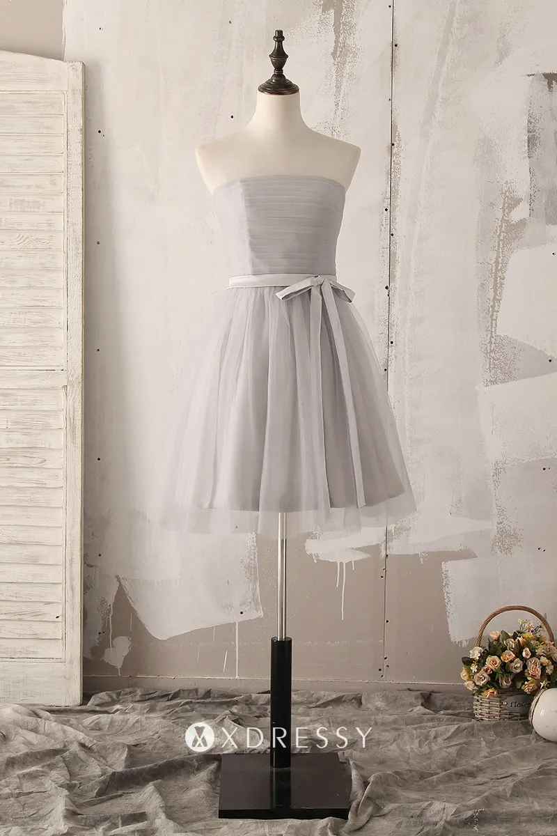 light grey tulle overlay strapless short bridesmaid gown light grey tulle overlay strapless short bridesmaid gown