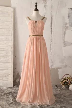 peach pleated chiffon gold strap bridesmaid dress