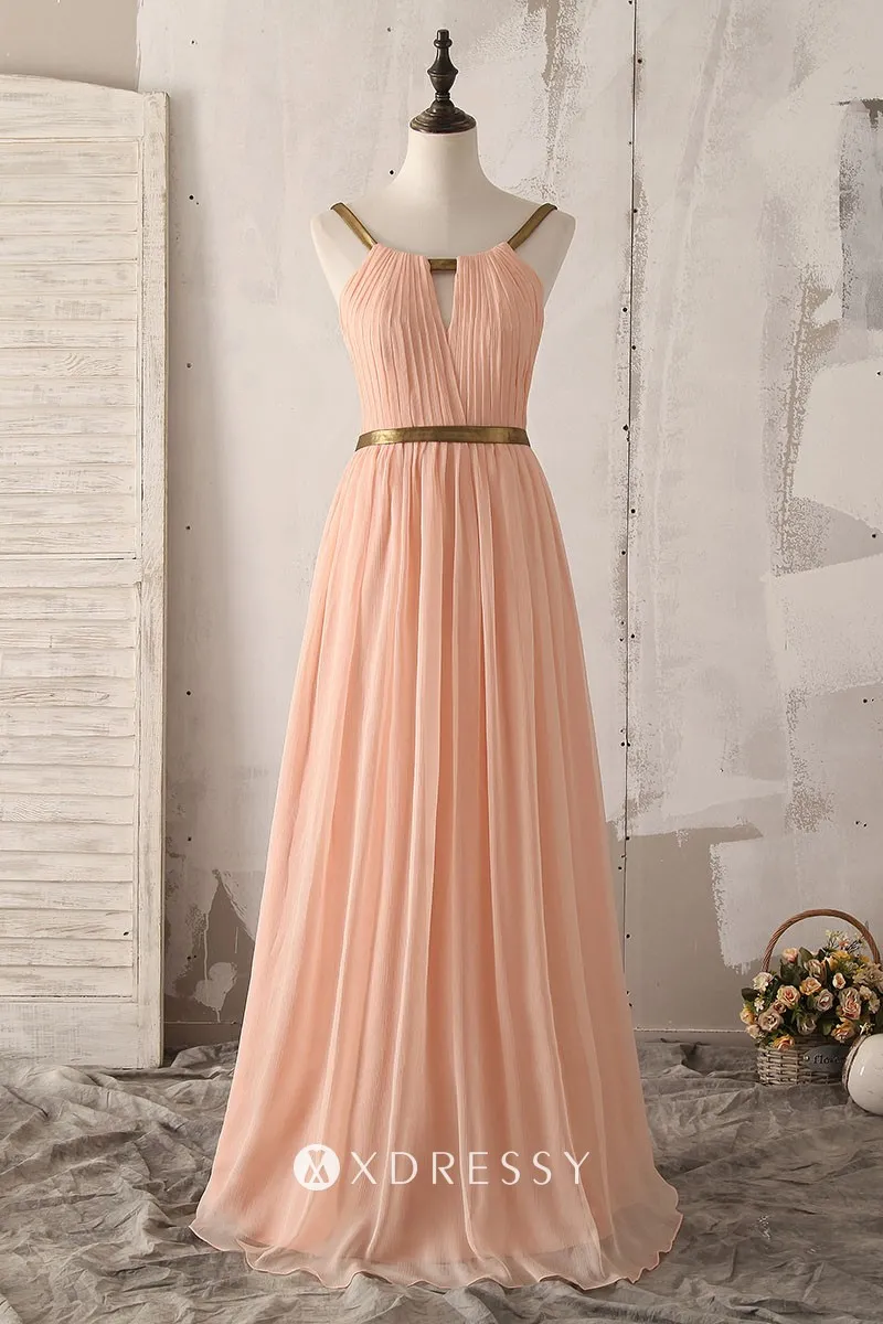 peach pleated chiffon gold strap bridesmaid dress peach pleated chiffon gold strap bridesmaid dress