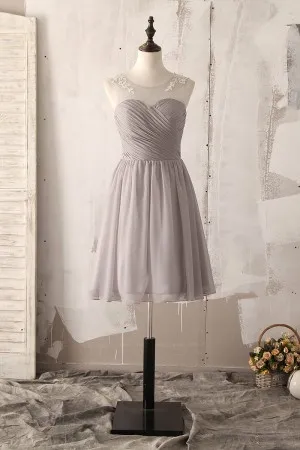 illusion neck pleated grey short bridesmaid dress