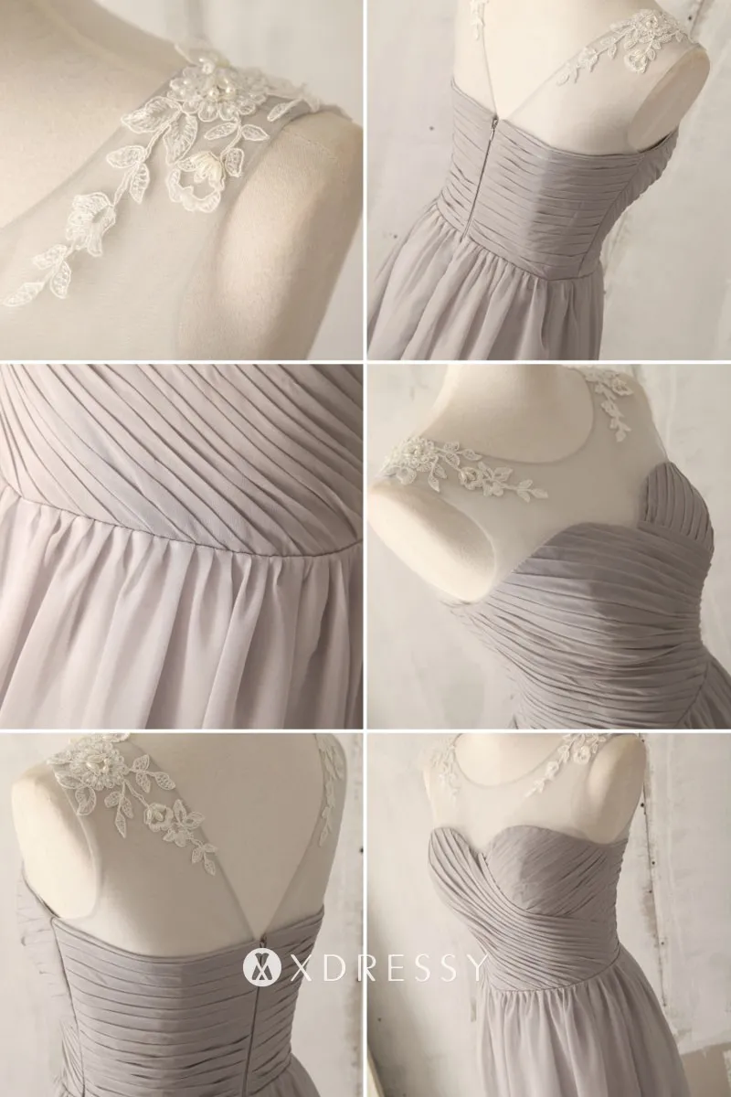 leaf embroidered illusion neck pleated grey short bridesmaid dress leaf embroidered illusion neck pleated grey short bridesmaid dress