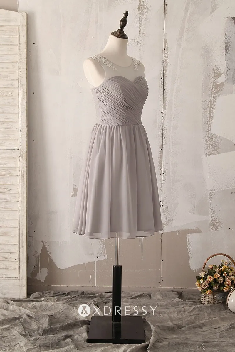 sleeveless illusion neck pleated grey short bridesmaid dress sleeveless illusion neck pleated grey short bridesmaid dress
