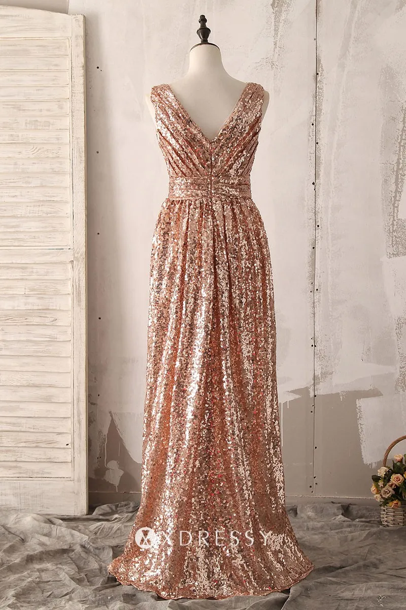 V back gold sequin floor length bridesmaid dress