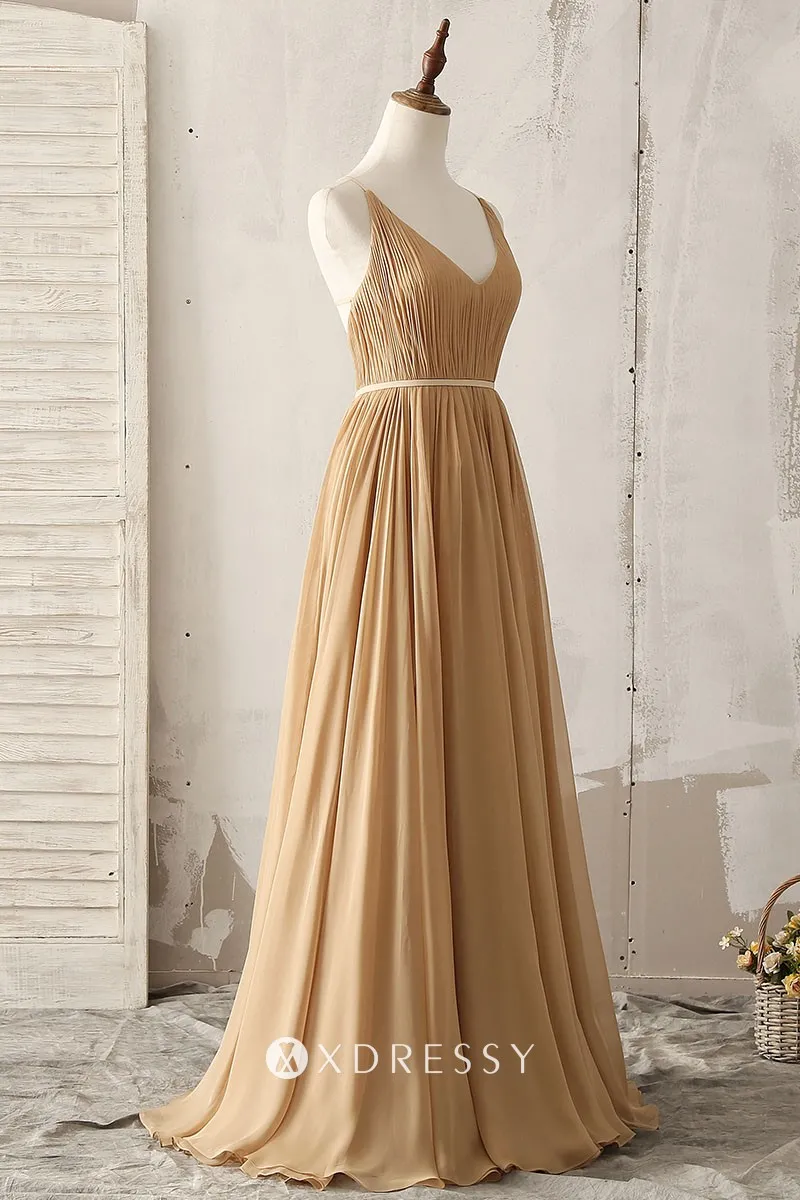V neck camel chiffon long bridesmaid gown V neck camel chiffon long bridesmaid gown