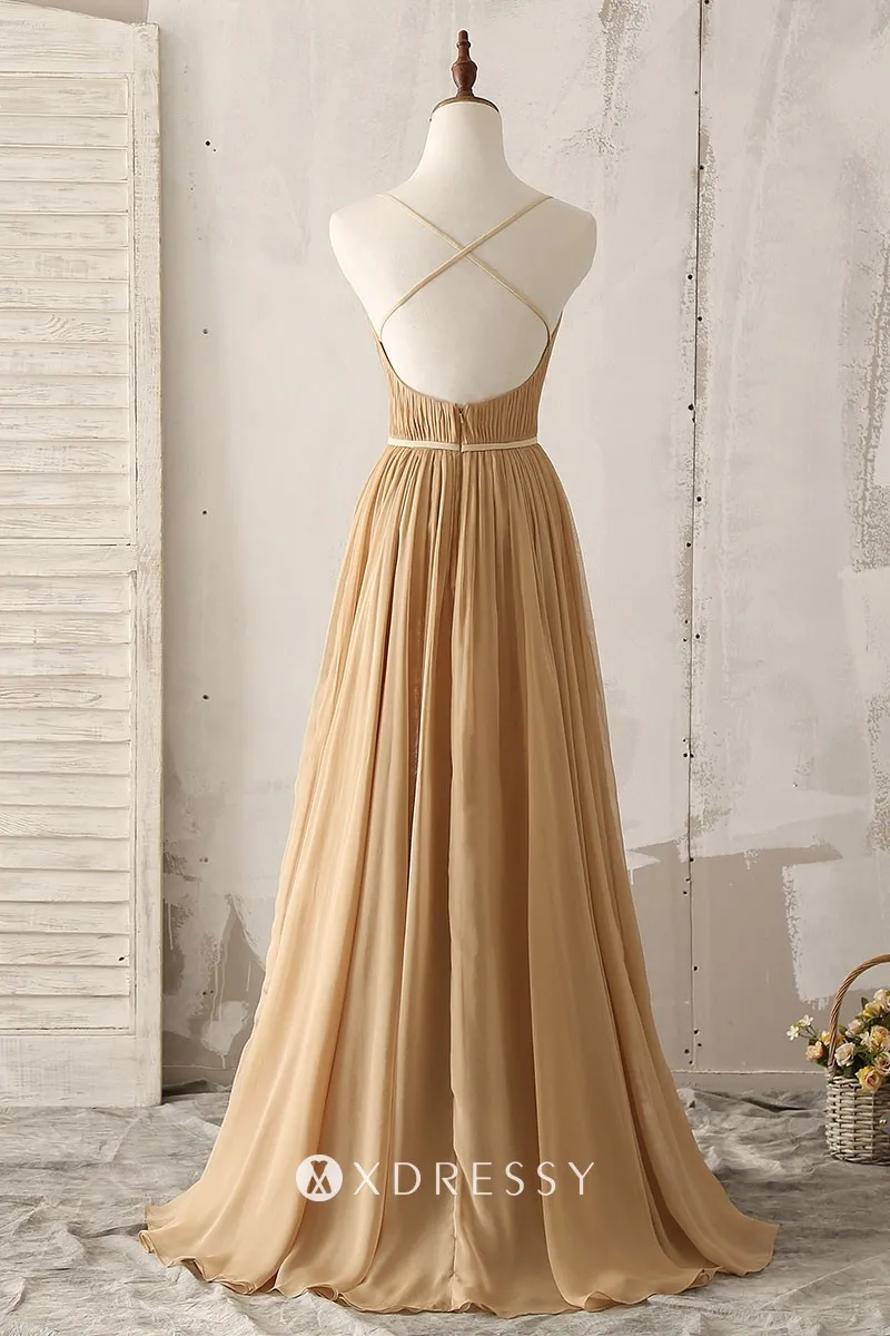 low back spaghetti strap camel chiffon long bridesmaid gown low back spaghetti strap camel chiffon long bridesmaid gown