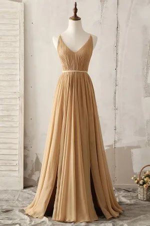 spaghetti strap camel chiffon long bridesmaid gown