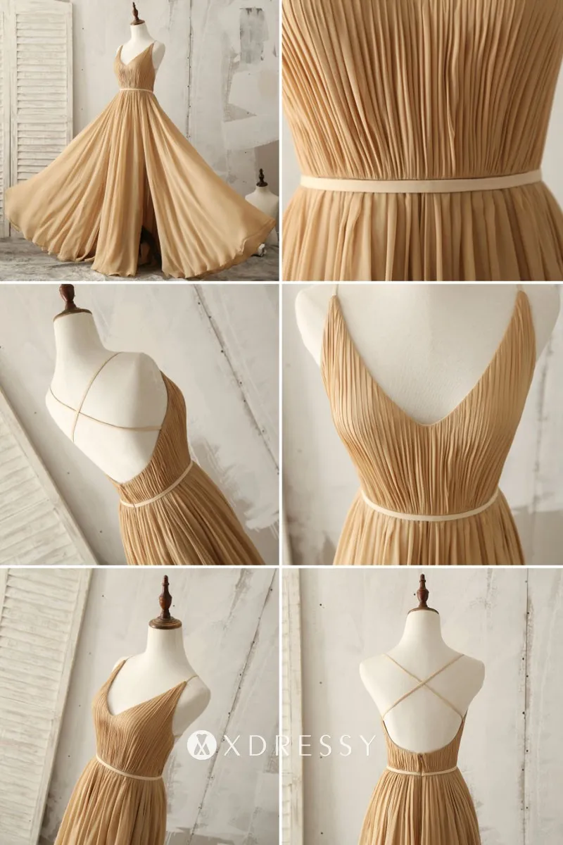 spaghetti strap low back camel chiffon long bridesmaid gown spaghetti strap low back camel chiffon long bridesmaid gown