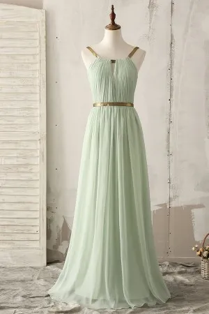 gold straps sage green chiffon bridesmaid dress
