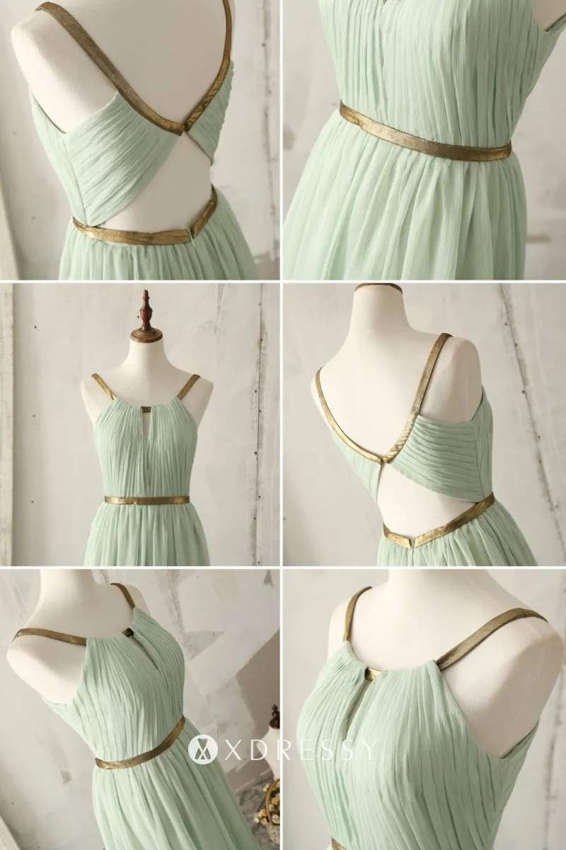 scoop neck gold straps sage green chiffon bridesmaid dress
