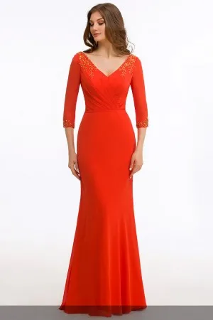 V neck 34 sleeve red mermaid mother of the bride dress