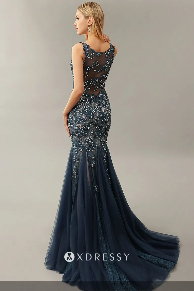 illusion back luxury beaded dark blue lace tulle mermaid mother dress illusion back luxury beaded dark blue lace tulle mermaid mother dress