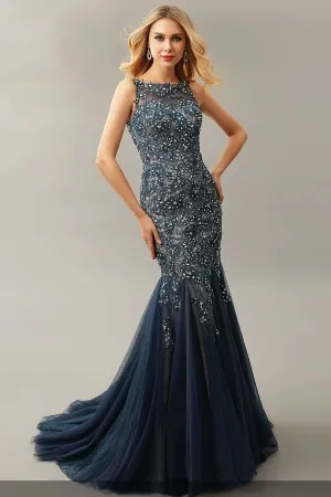 luxury beaded dark blue lace tulle mermaid mother dress