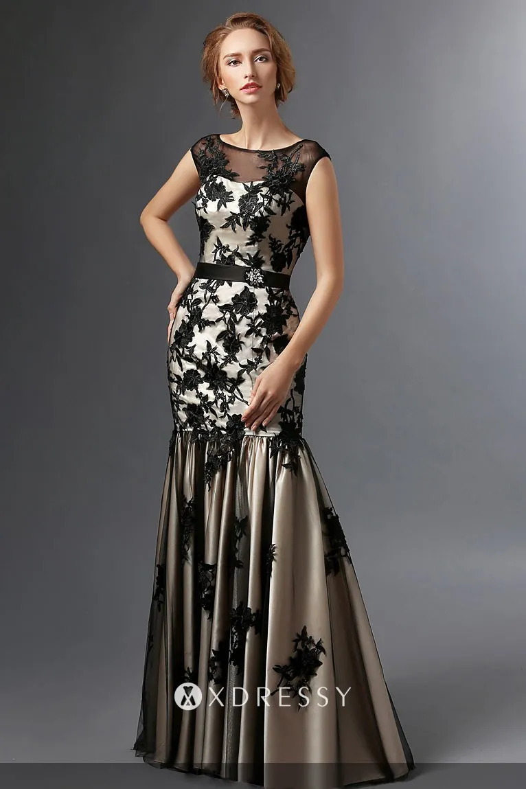 black lace appliqued trumpet unique mother dress