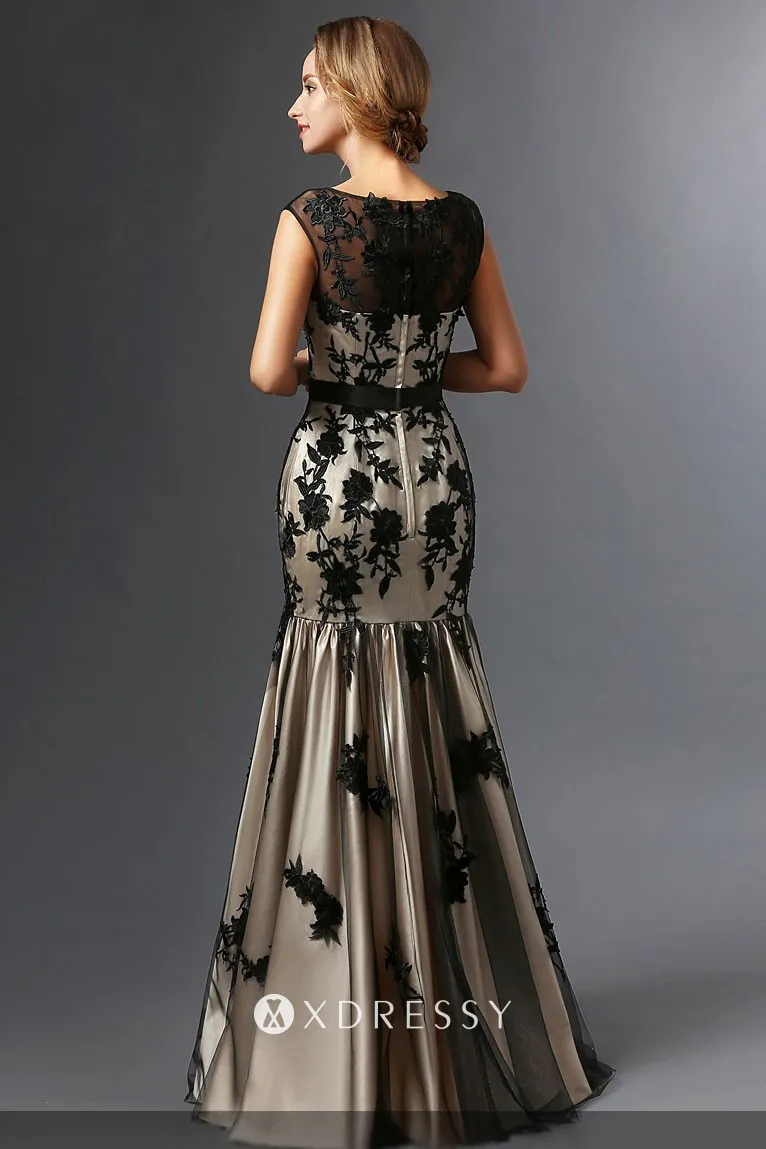floor length black lace appliqued trumpet unique mother dress