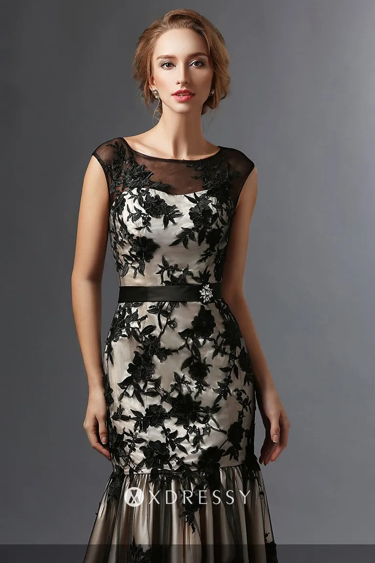 illusion neckline black lace appliqued trumpet unique mother dress