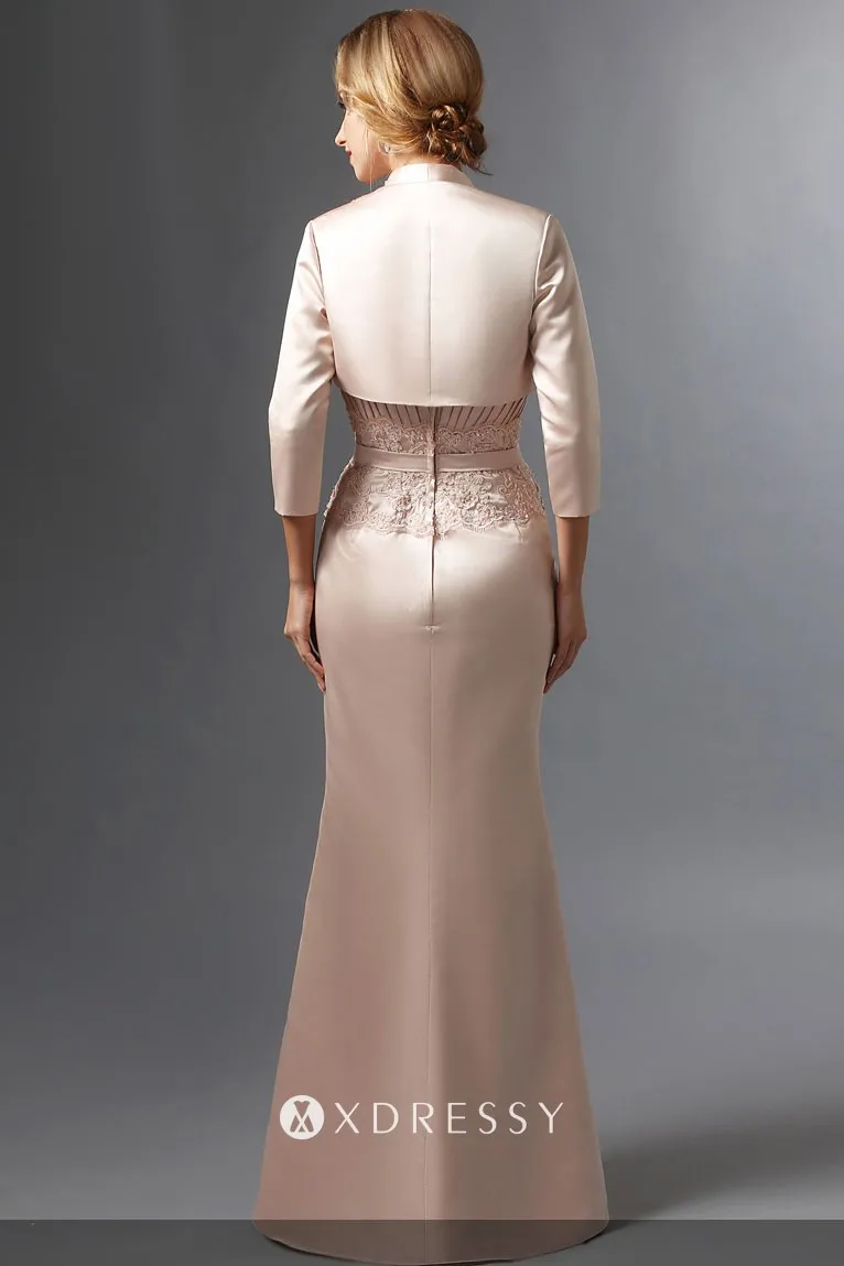 34 sleeve jacket champagne satin floor length mother dress