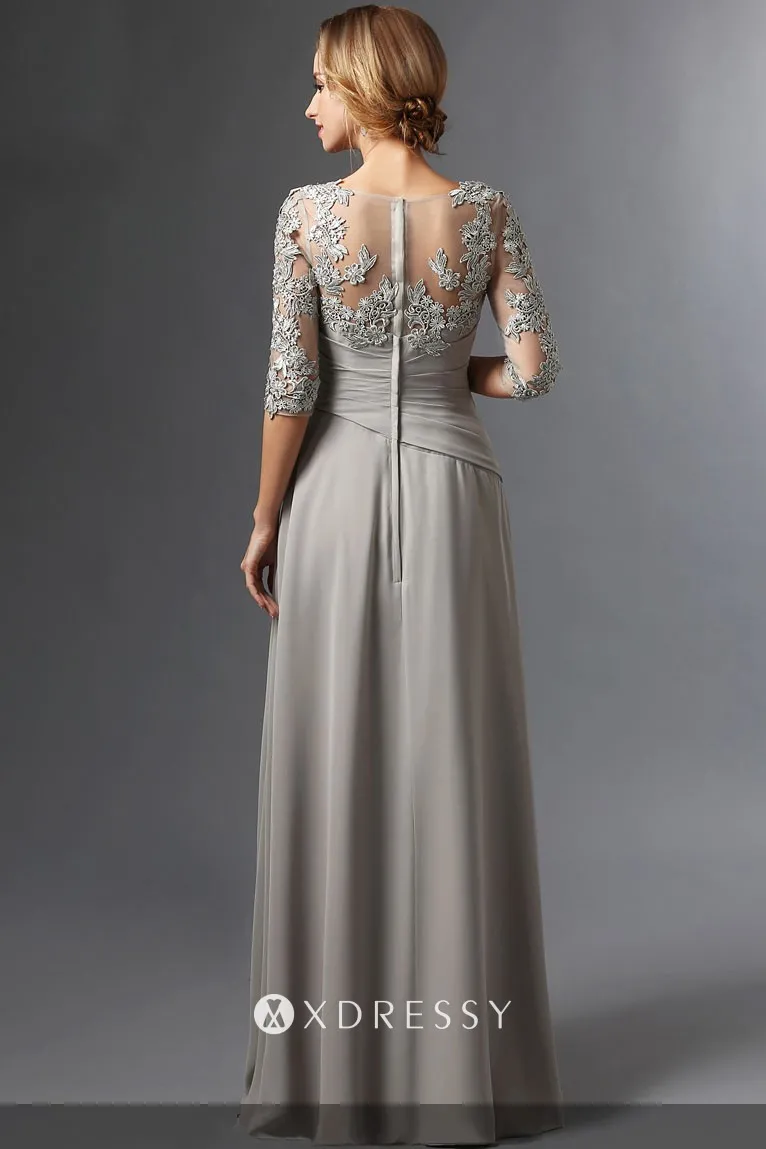 illusion back gray chiffon A line mother dress